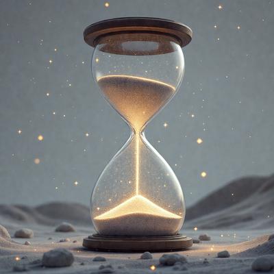 The primary subject of the image is a sand timer, which is a glass hourglass with sand inside. The timer is placed on a sandy surface, which gives the scene a natural and earthy feel. The visual style of the image is a combination of photo and digital art, as it appears to be a real-life photograph of the hourglass, but with a digital artistic touch to the sandy surface. The colors and mood of the image are predominantly earthy tones, such as beige, brown, and gray, which create a calm and serene atmosphere.